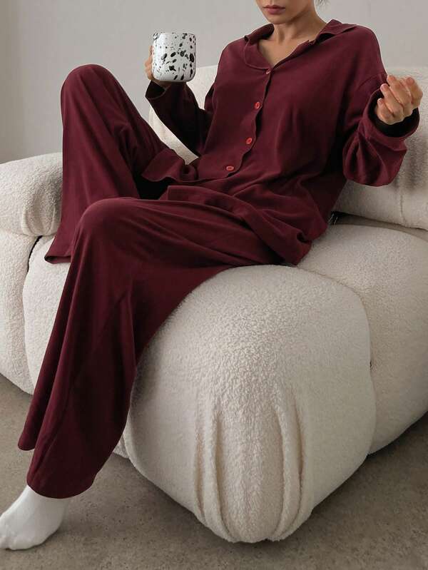DAZY Women Simple Single-Breasted Knit Sweater And Pants Comfortable Home Outfit Set