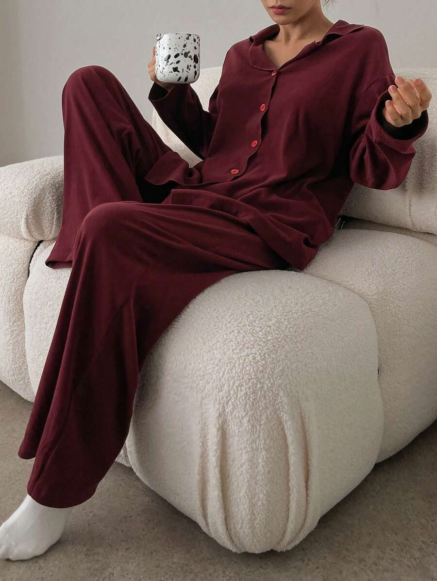 DAZY Women Simple Single-Breasted Knit Top & Pants Comfortable Home Cozy Outfit Lounge Set, Fall Winter Clothes Pajama