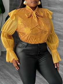 Slaydiva Plus Size damska impreza klub nocny błyszcząca cekinowa kokardka siateczkowa bluzka z długim rękawem - Złoto - Zobacz 5