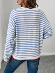 EMERY ROSE LUNE Striped Pattern Contrast Trim Drop Shoulder Sweater,Long Sleeve Tops
