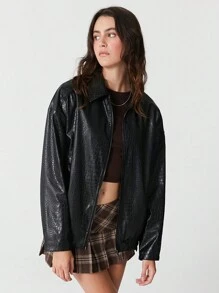 SHEIN EZwear Casual And Stylish Zippered Off-Shoulder PU Leather Jacket - Black - View 4