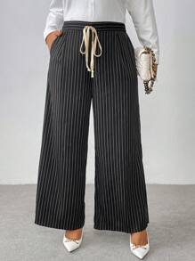 Calvaya Pantalones de traje a rayas con bolsillos anudados y talla grande