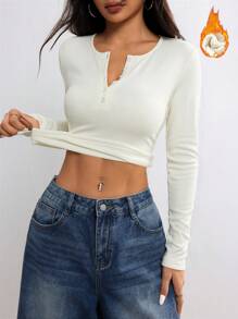 Flirla Áo thun bó sát cổ tròn tay dài vải Sherpa màu be - Màu be - Xem 4