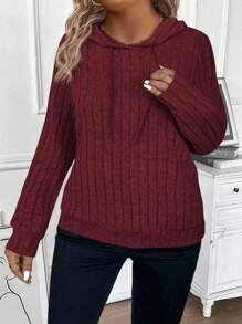 INAWLY Plus Size Women's Burgundy Hooded Wool Rib Fabric Casual Sports Long Sleeve Shirt, Soft Knit, Fall/Winter