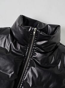 SHEIN Unity 女士纯色无袖拉链前口袋休闲加厚棉服外套冬季 - 黑色 - 查看 3