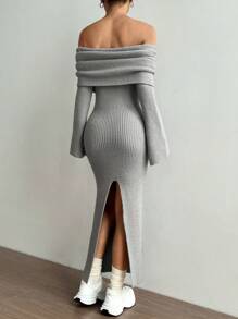 Flirla Seksowna, dopasowana, dzianinowa sukienka swetrowa z odkrytymi ramionami i rozcięciem na dole, jesień/zima