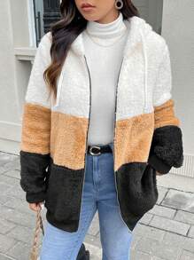 SHEIN Frenchy Plus Size Color Block Zipper Front Long Sleeve Teddy Fleece Jacket,Winter ,Thicken