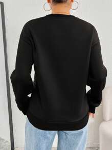 SHEIN Essnce Women's Casual Solid Color Knit Dropped Shoulder Long Sleeve Loose Sweatshirt - Black - View 3