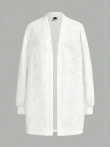 Maija Women's White Floral Embossed Elegant Long Sleeve Regular Jacket, Autumn/Winter - White - View 5