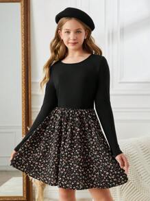 SHEIN Leap Crew Vestido de manga larga con cuello redondo de punto estampado de flores en patchwork informal para adolescentes, para vacaciones, calle, vestido negro - Negro - Ver 6