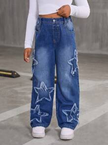SHEIN Pantalones vaqueros rectos y sueltos con bordado de estrella desgastada para niña preadolescente, pantalones de mezclilla azul lavada de estilo casual y versátil - Azul lavado medio - Ver 6