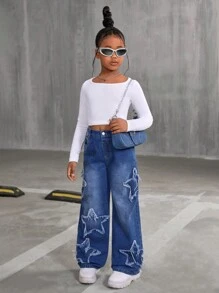 SHEIN Pantalones vaqueros rectos y sueltos con bordado de estrella desgastada para niña preadolescente, pantalones de mezclilla azul lavada de estilo casual y versátil - Azul lavado medio - Ver 3