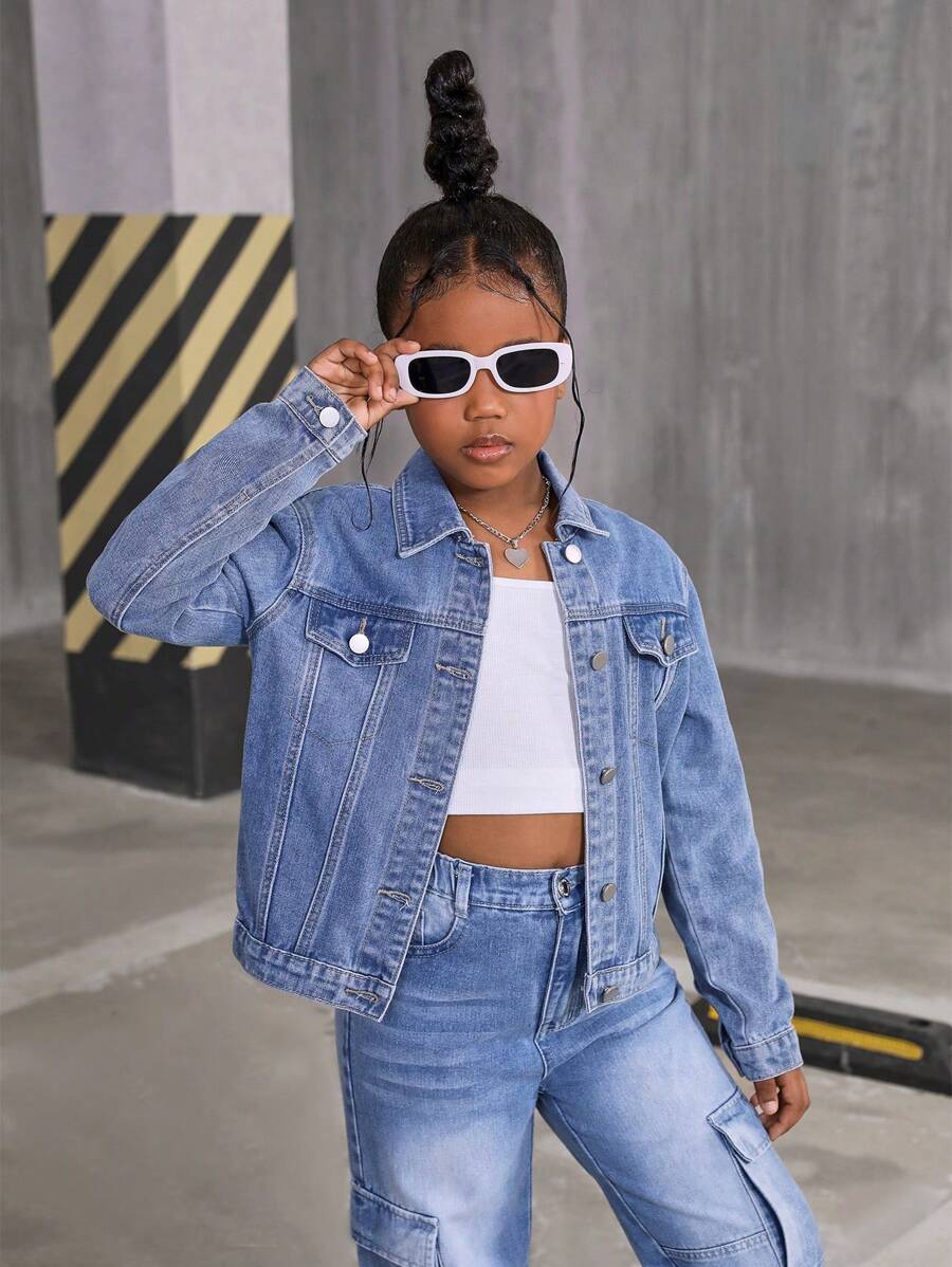 Sparklyn Tween Girl 休闲百搭牛仔夹克和外套套装，秋冬