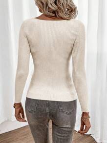 EURMUSE Boat Neck Ribbed Knit Sweater - Apricot - View 2