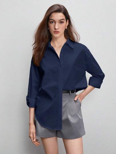 BizChic Women's Solid Color Turndown Collar Long Sleeve Shirt, Basic Urban Commute Style, Simple Fashion Elegant Business Casual, Suitable For Teachers And Office Wear, Autumn