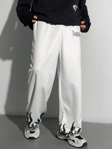 SHEIN 青少年男孩休闲火焰与英文图案印花白色锥形运动裤，适合秋季、冬季、保暖、学院、休闲、运动装、生日派对、郊游、百搭、简约、保暖内衬 - 白色 - 查看 3