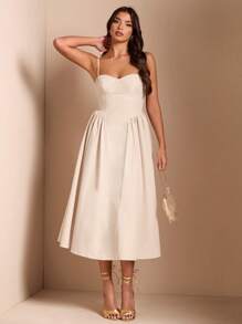 SHEIN BAE Elegant Women Spaghetti Strap Long Puffy Dress, Fall Party & Club Wear,Summer Dresses For Women,Tea Party Dress,Valentine's Day,Valentine Outfits For Women - Apricot - View 7