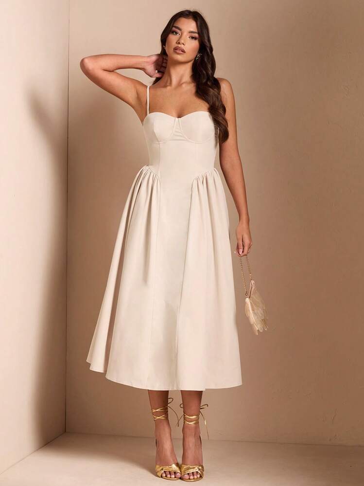SHEIN BAE Elegant Women Spaghetti Strap Long Puffy Dress, Fall Party & Club Wear,Summer Dresses For Women,Tea Party Dress,Valentine's Day,Valentine Outfits For Women - Apricot - View 7