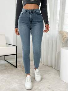 RueChic High Waist Slant Pocket Snow Wash Skinny Jeans - Light Wash - View 5