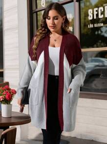 SHEIN LUNE 大码女式拼色简约日常长袖针织开衫 - 彩色 - 查看 1