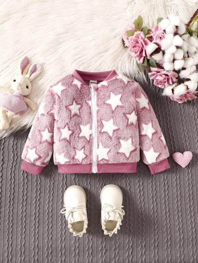 Baby Girl Star Pattern Fleece Warm Long Sleeve Bomber Jacket