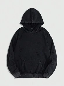 ROMWE MEN Street Life Men's Casual Floral Pattern Hoodie - Black - View 1