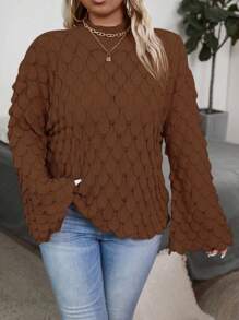 Franclia Textured Floral Pattern Plus Size Crew Neck Long Sleeve Sweater