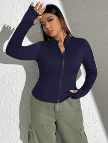 CovetEZ 大码女式休闲简约风格运动前拉链轻便夹克，春秋季 - 藏蓝色 - 查看 6