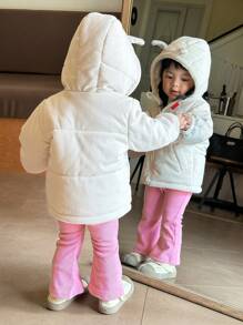 SHEIN 2-In-1 Infant Girls' Rabbit Ear Hat & Scarf Set, Cute Bear Design Warm Plush Outerwear, Fall/Winter