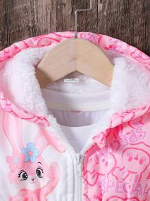 Baby And Baby Girl Cute Rabbit Colorblock Printed Fluffy Fabric Thermal Lined Hooded Mid-Length Belted Padded Coat, Fall/Winter