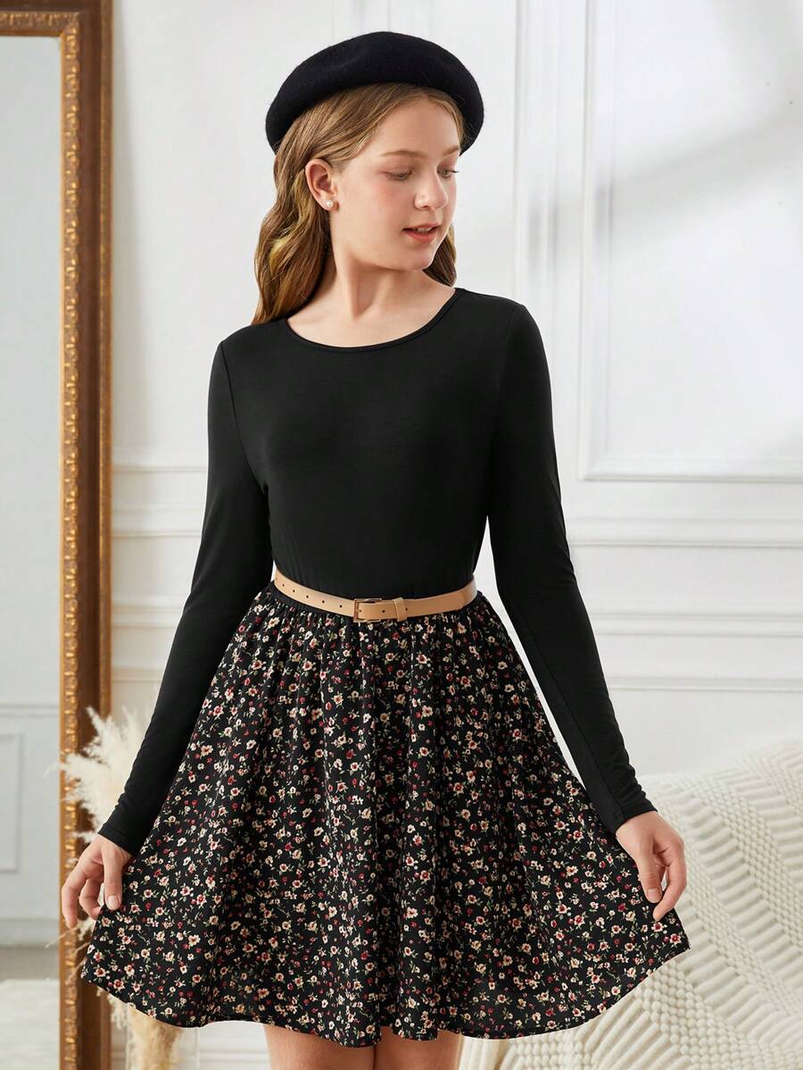 SHEIN Leap Crew Vestido de manga larga con cuello redondo de punto estampado de flores en patchwork informal para adolescentes, para vacaciones, calle, vestido negro - Negro - Ver 1