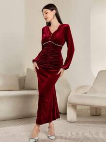 Modelyn Burgundy Red Women Elegant Daily V-Neck Pleated Waist Button Decorated Lantern Sleeve Mid-Length Dress, Autumn