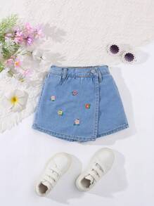 SHEIN 年轻女孩花卉刺绣不对称下摆休闲牛仔半身裙 - 中等水洗藍 - 查看 1