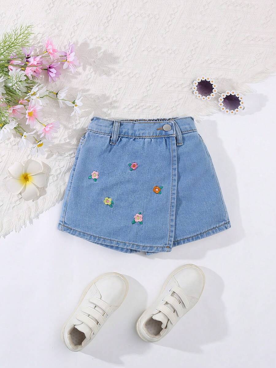 SHEIN 年轻女孩花卉刺绣不对称下摆休闲牛仔半身裙 - 中等水洗藍 - 查看 1