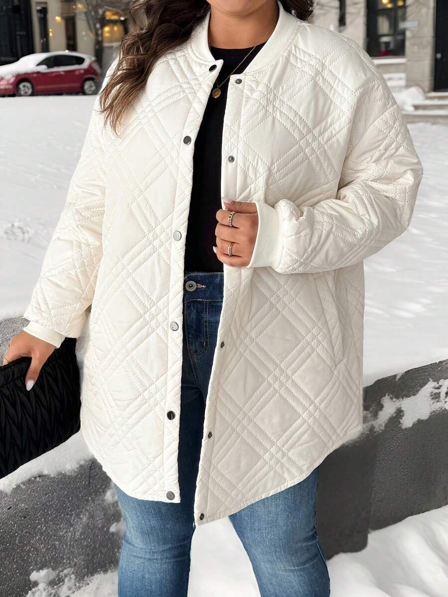 SHEIN LUNE Plus Size Button-Front Cardigan With Textured Diamond Pattern Design, Long Sleeve Winter Coats - Apricot - View 1