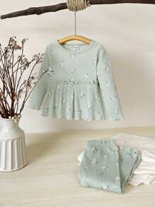 SHEIN Vintaside Kids Baby Girl Casual Ditsy Floral Elegant Outfit, Fall/Winter - Multicolor - View 7