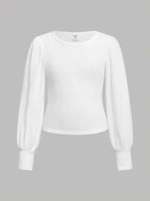 SHEIN Girlism Tween Girls' Casual Ribbed Crew Neck Puff Sleeve Long Sleeve T-Shirt Multi-Piece Set