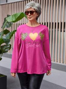 EMERY ROSE 大码女装秋季字母豹纹大码圆领长袖休闲T恤，秋冬女装，大码秋装