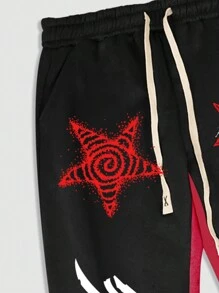 ROMWE MEN Street Life 2pcs Men Street Graphic Print Sweatshirt And Sweatpants Set, Suitable For Spring And Summer - Black - View 4