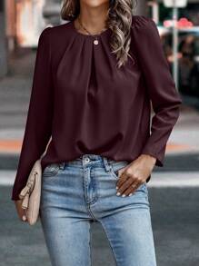 EMERY ROSE 女式纯色圆领褶皱泡泡袖优雅衬衫，秋季