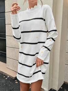 SHEIN ChicEase Vestido de suéter tejido con bloqueo de color, rayas y bordado de corazón, informal, para primavera/otoño - Blanco - Ver 5