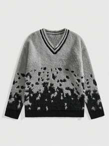 ROMWE MEN Goth Men's Solid Color Splice V-Neck Long Sleeve Casual Sweater - Grey - View 1