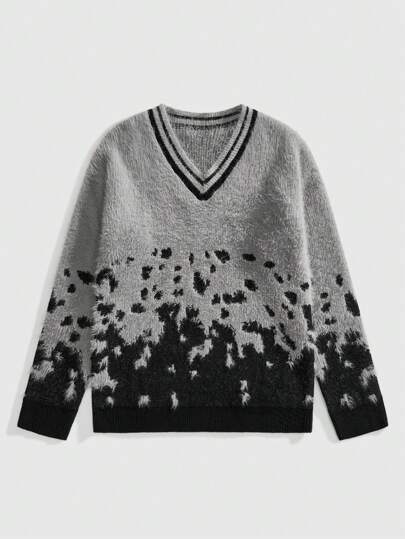 Goth Pull décontracté à manches longues avec col en V et couleur unie pour hommes