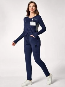 TaskEZ Solid Color V-Neck Long Sleeve Pocket Simple Blouse And Pants Uniform Scrub Set - Navy Blue - View 3