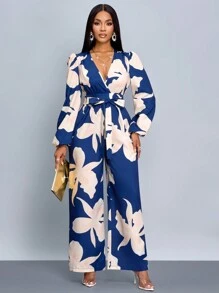 For Everyday Wear Elegant Allover Print Lantern Sleeve Wide Leg Jumpsuit