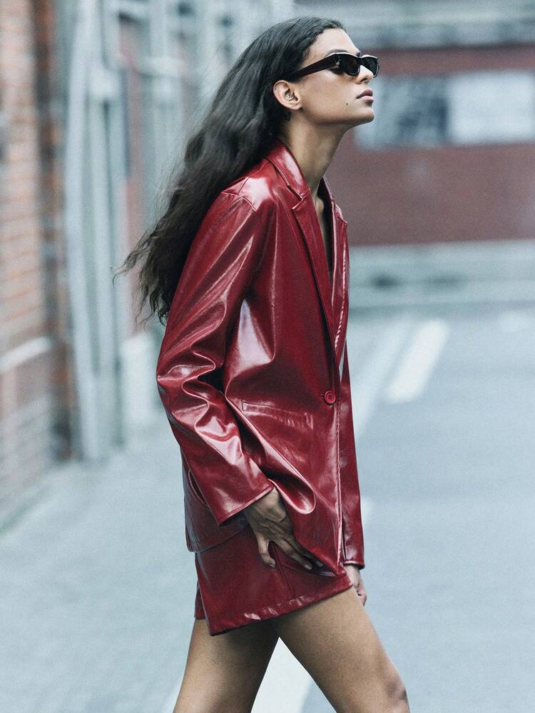 SHEIN Maija Women's Burgundy Leather Shiny Fashion Shorts For Fall