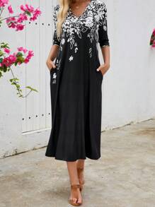 SHEIN LUNE 女士花卉印花 V 领 3/4 袖口袋休闲中长连衣裙 - 彩色 - 查看 3