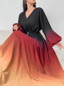 Modelyn 女士 V 领渐变色裹身优雅长袖连衣裙 - 紅色和黑色 - 查看 3