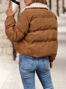 EMERY ROSE Women's Casual Thermal Lined Zip-Up Contrast Fur Collar Padded Coat, Autumn Winter - Khaki - View 2