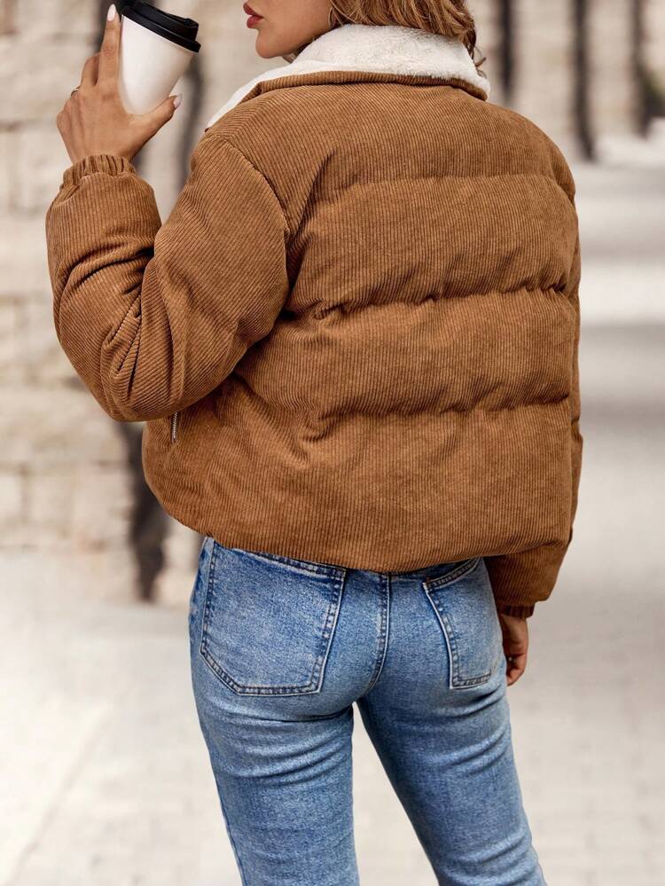 Women's Casual Thermal Lined Zip-Up Contrast Fur Collar Padded Coat, Autumn Winter